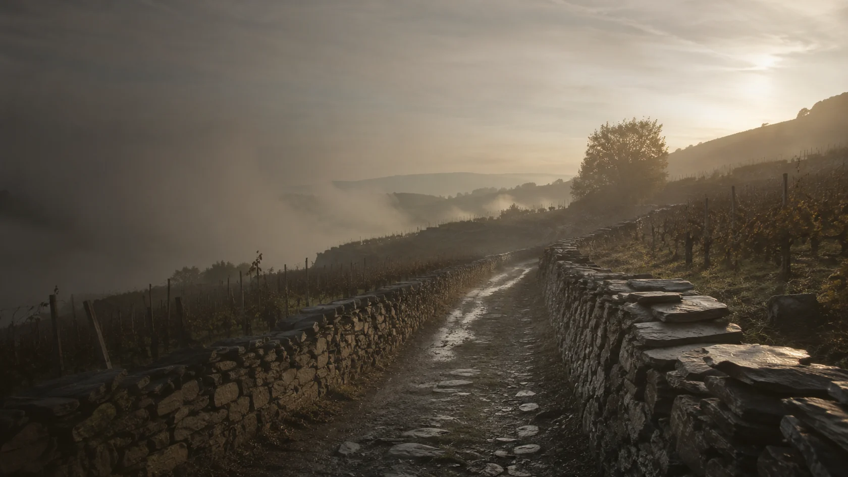 Camino entre viñas al amanecer, con niebla en el valle