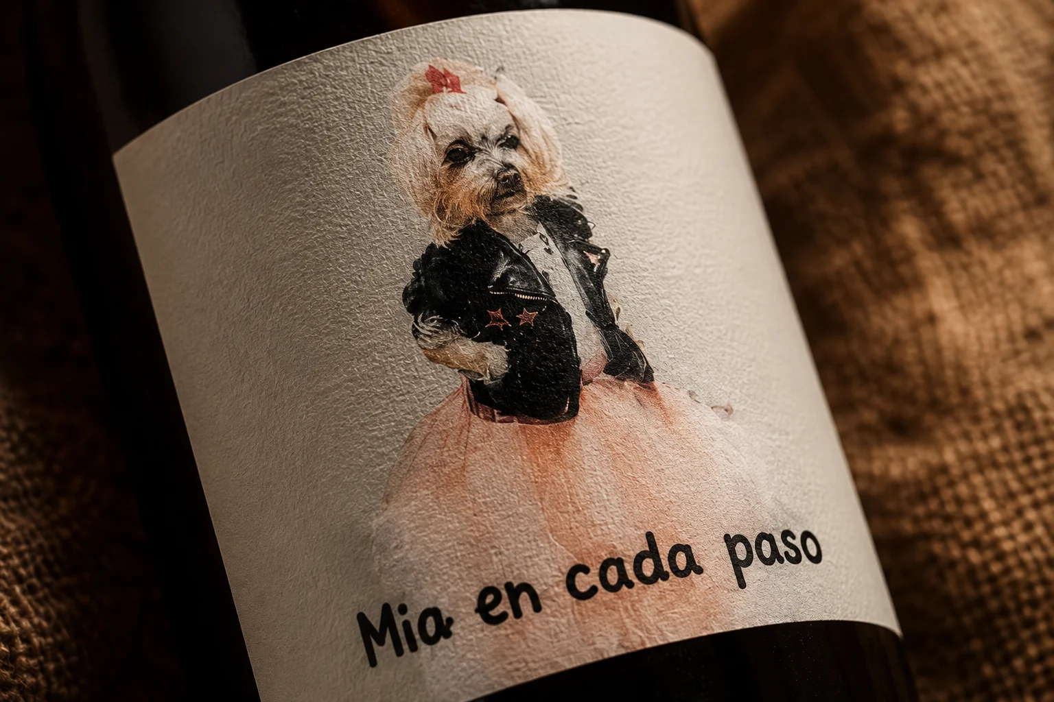 Detalle de la etiqueta de Mia en Cada Paso sobre arpillera