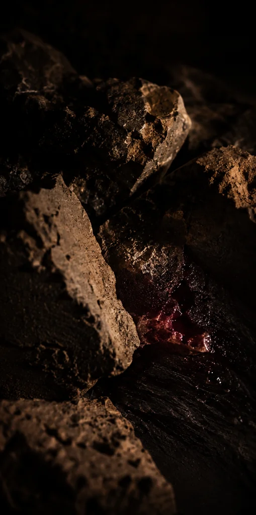 Vino derramado entre rocas oscuras, a la luz de una vela